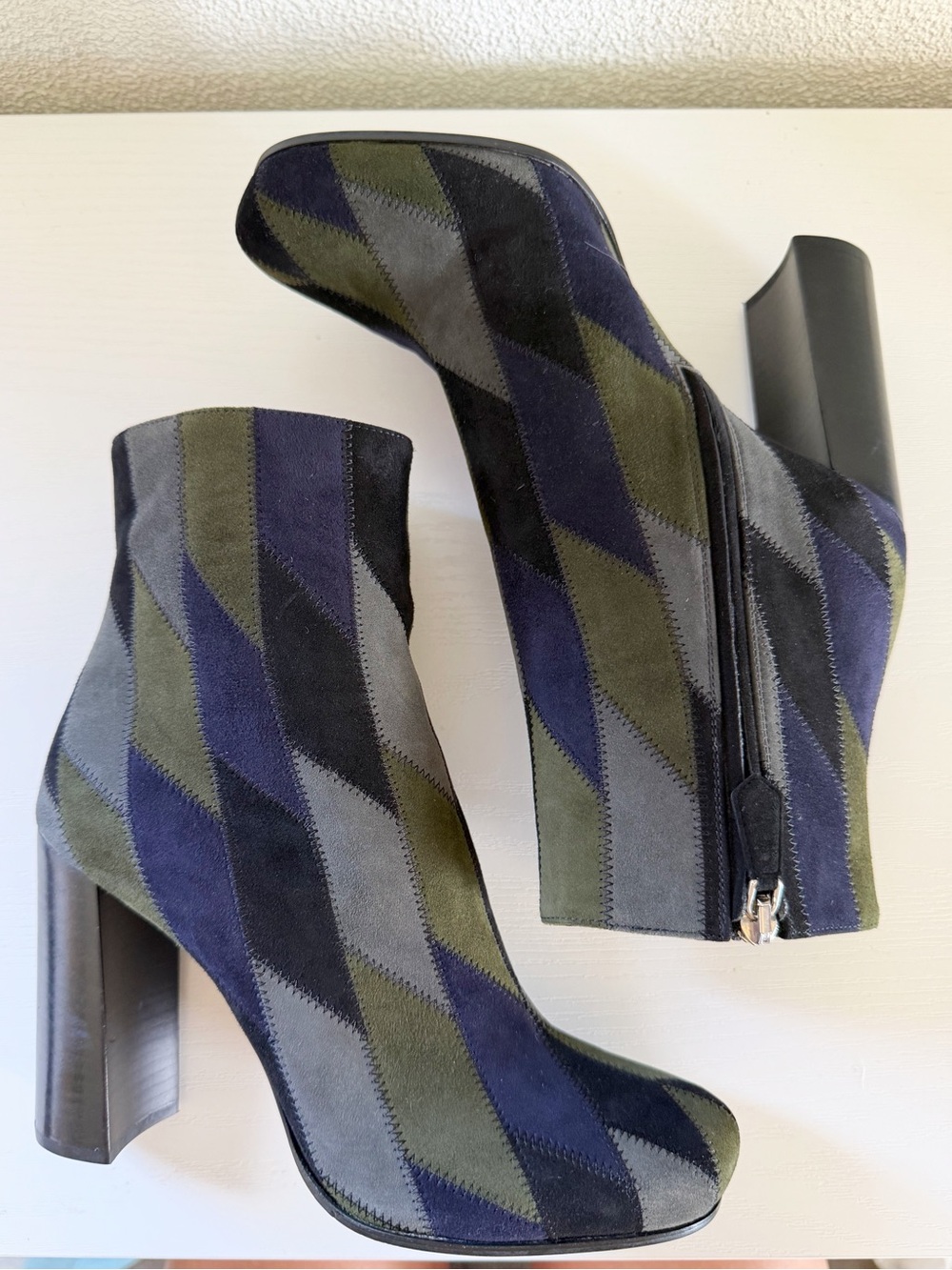 Prada Patchwork Suede Jewel Tone Ankle Boots Size EU 36.5 Blue Green Gray Black - Picture 5 of 11